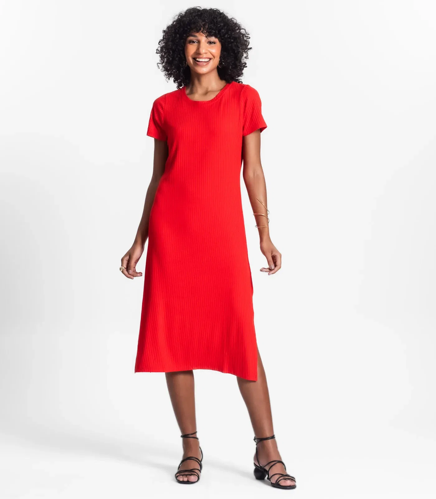 Vestido Midi Ribana Canelada Básico Rovitex Laranja — imagem 1