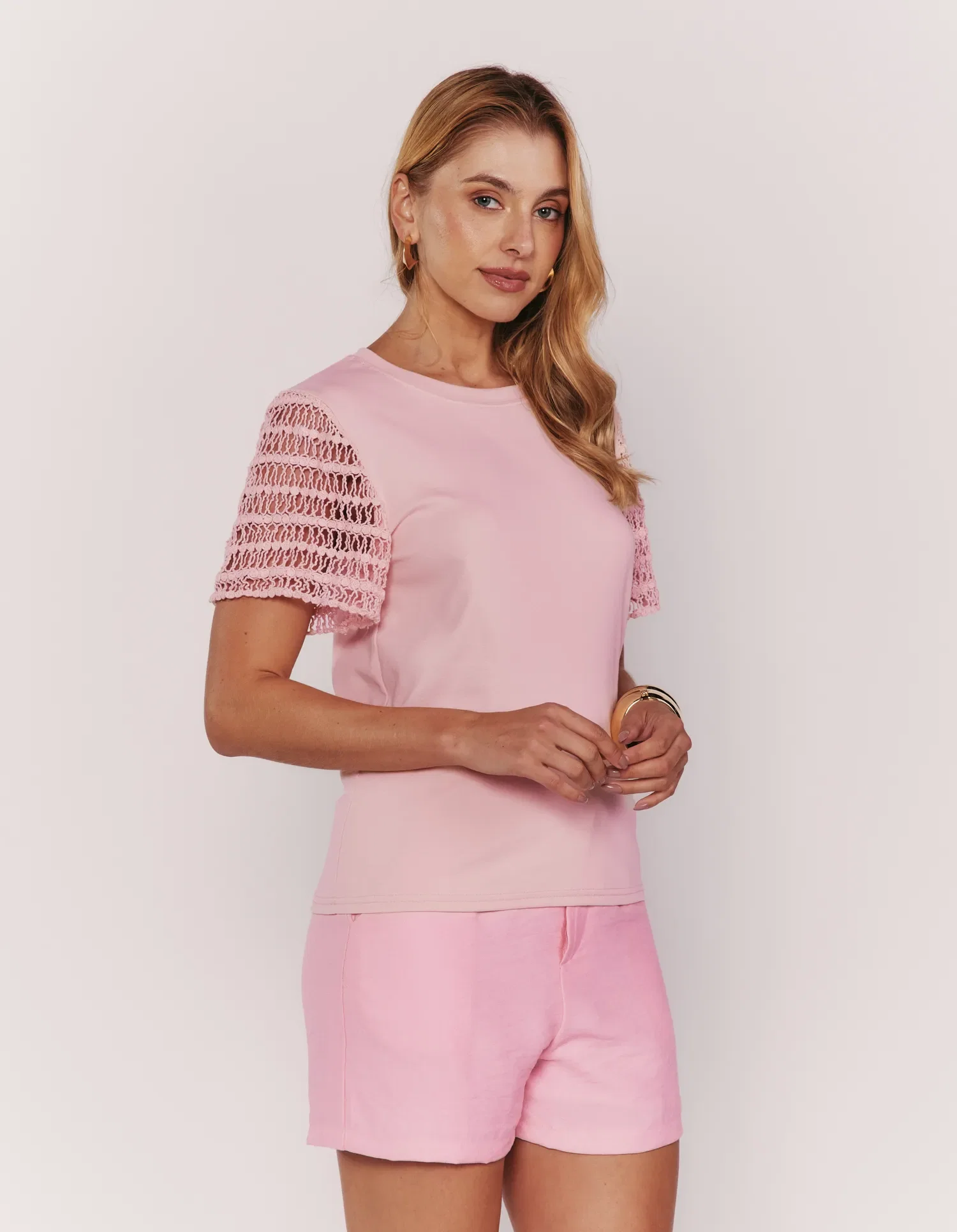 Blusa Manga Curta Detalhe Crochê - Rosa — imagem 1
