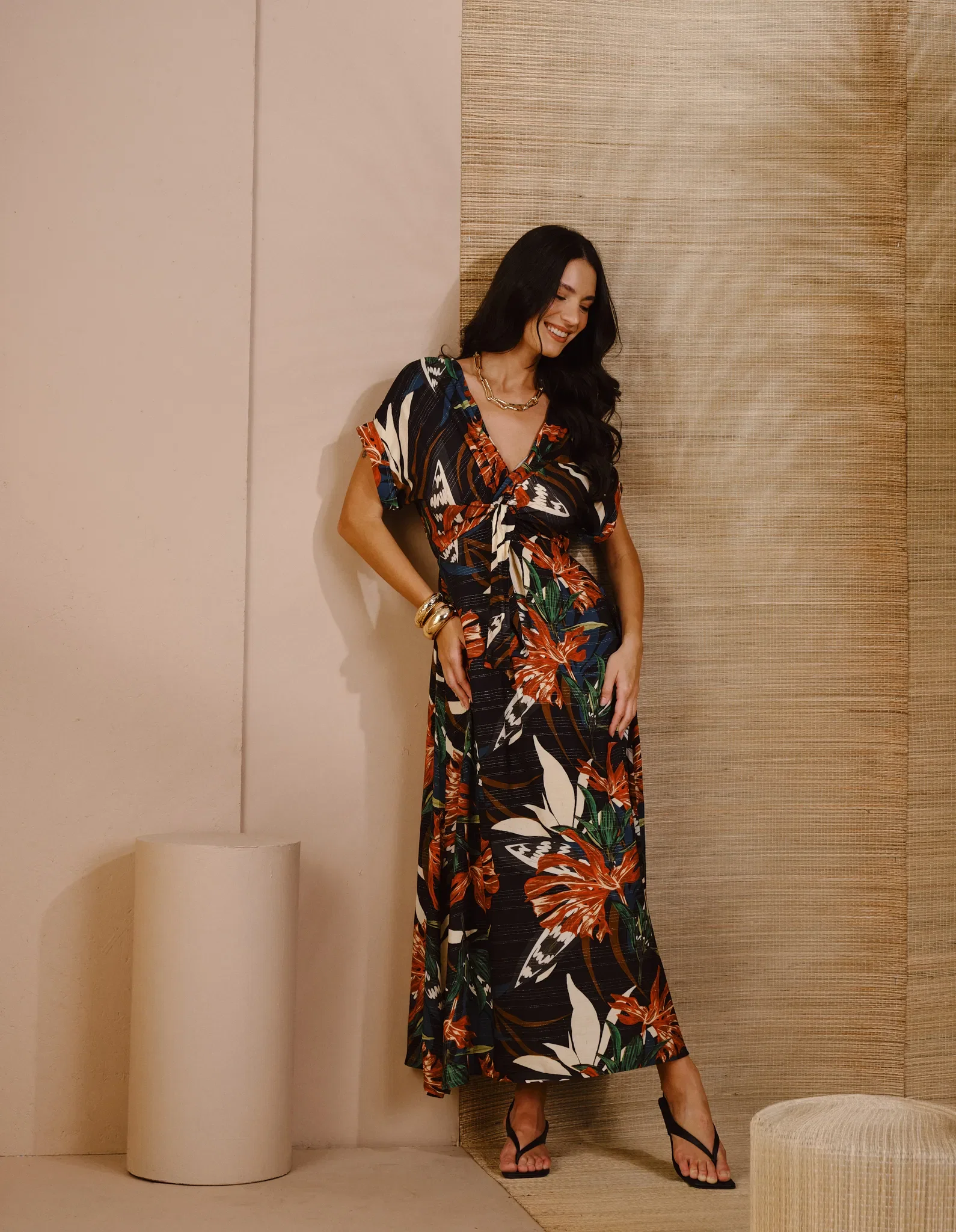 Vestido Longo Estampado Evelyn Lurex - Azul Marinho — imagem 1