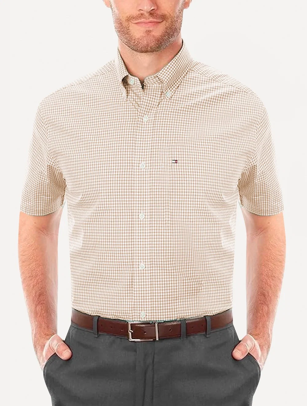 Camisa Tommy Hilfiger Masculina Manga Curta Xadrez Gingham Branca / Cáqui Claro