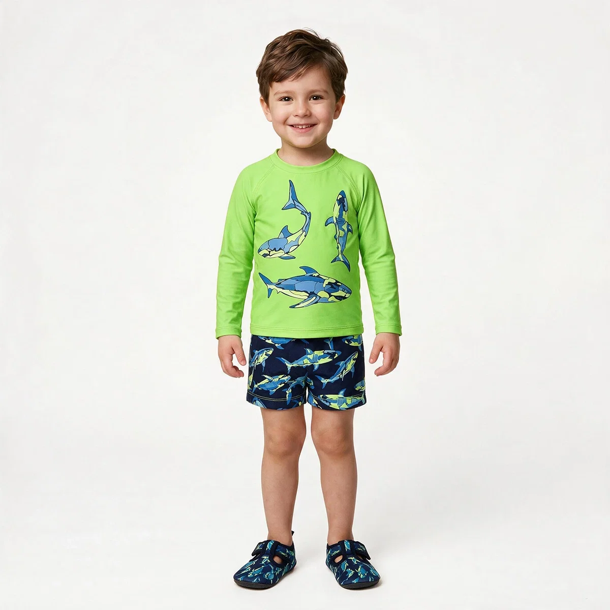 Kit Praia 3 Peças Toddler Tubarão Camuflado lycra Proteção Uv 50+ Tip Top