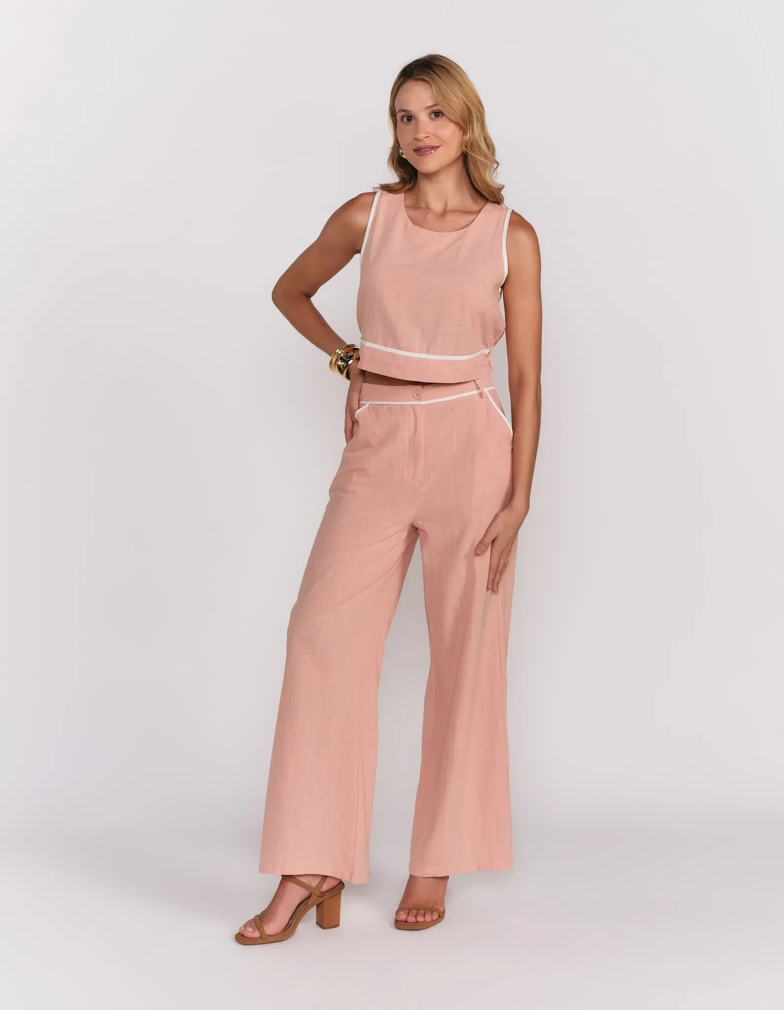 Calça Viscolinho Detalhe Bicolor - Rose