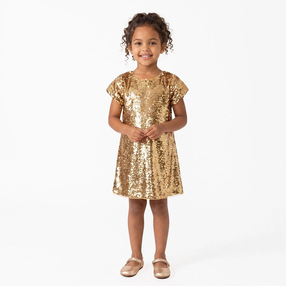 Vestido Festivo Manga Curta Kids Dourado Em Paetê Tip Top