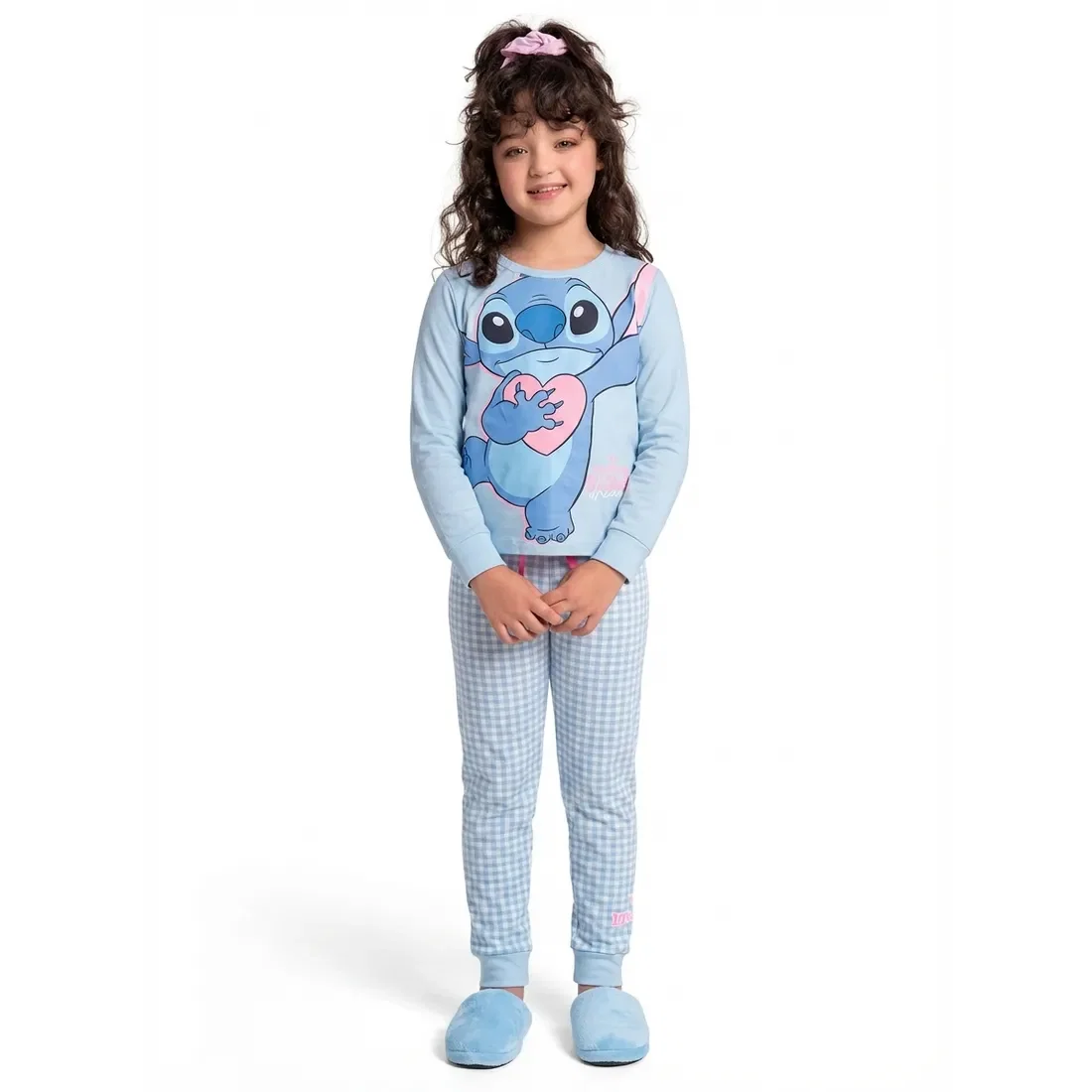 Conjunto pijama blusa manga longa e calça xadrez com laço Stitch — imagem 1