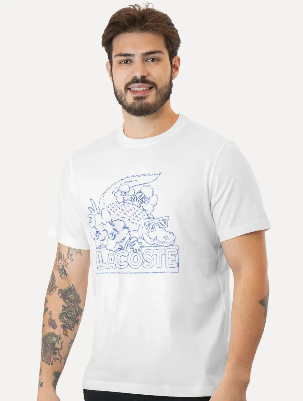 Camiseta Lacoste Masculina Regular Fit Croco Summer Logo Branca