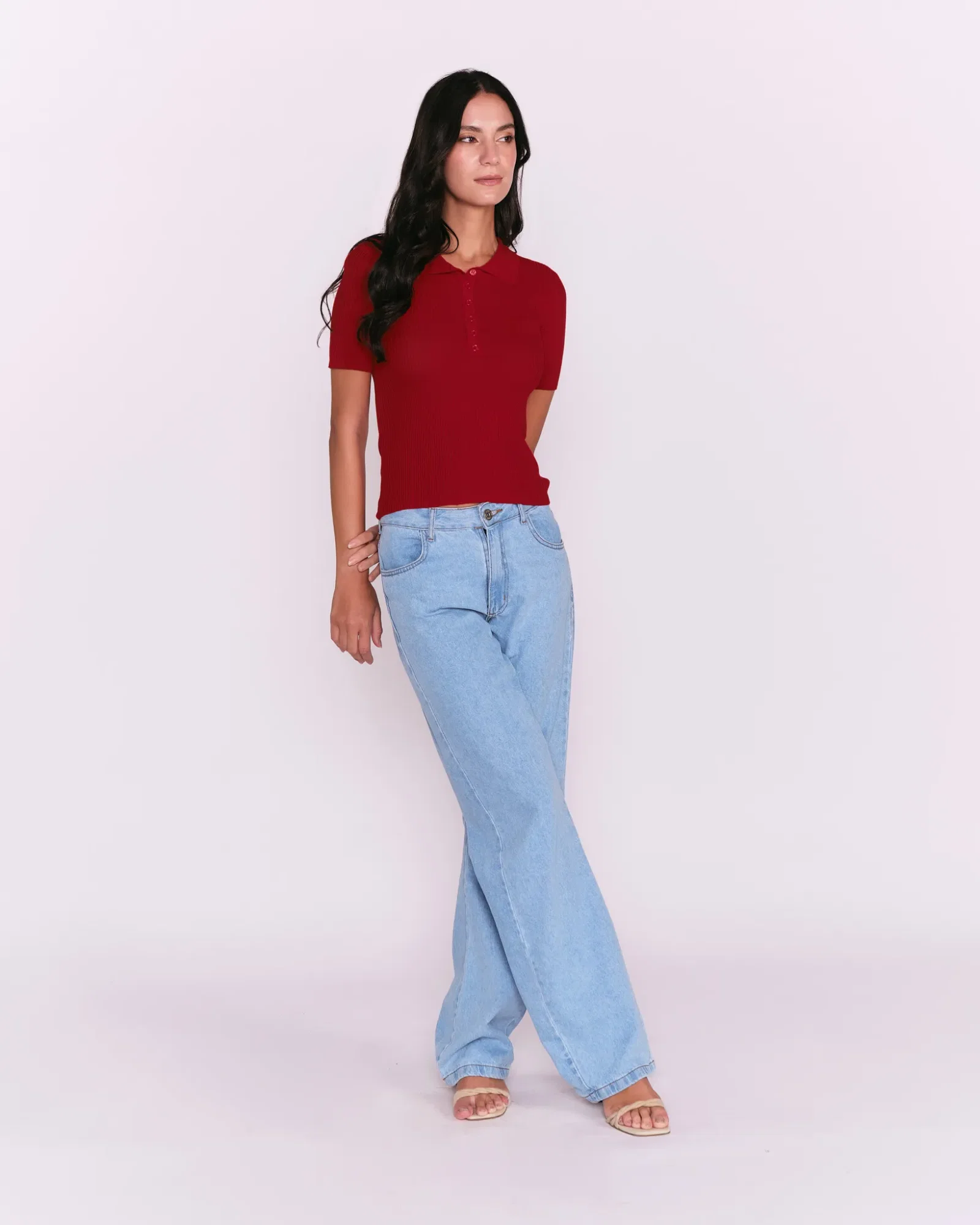 Blusa Tricot Polo Detalhe Botões - Vermelho — imagem 1