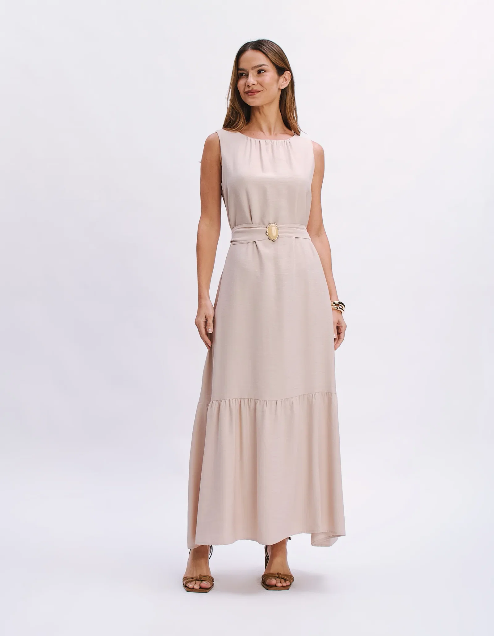 Vestido Sem Manga Detalhe Cinto Resina - Areia
