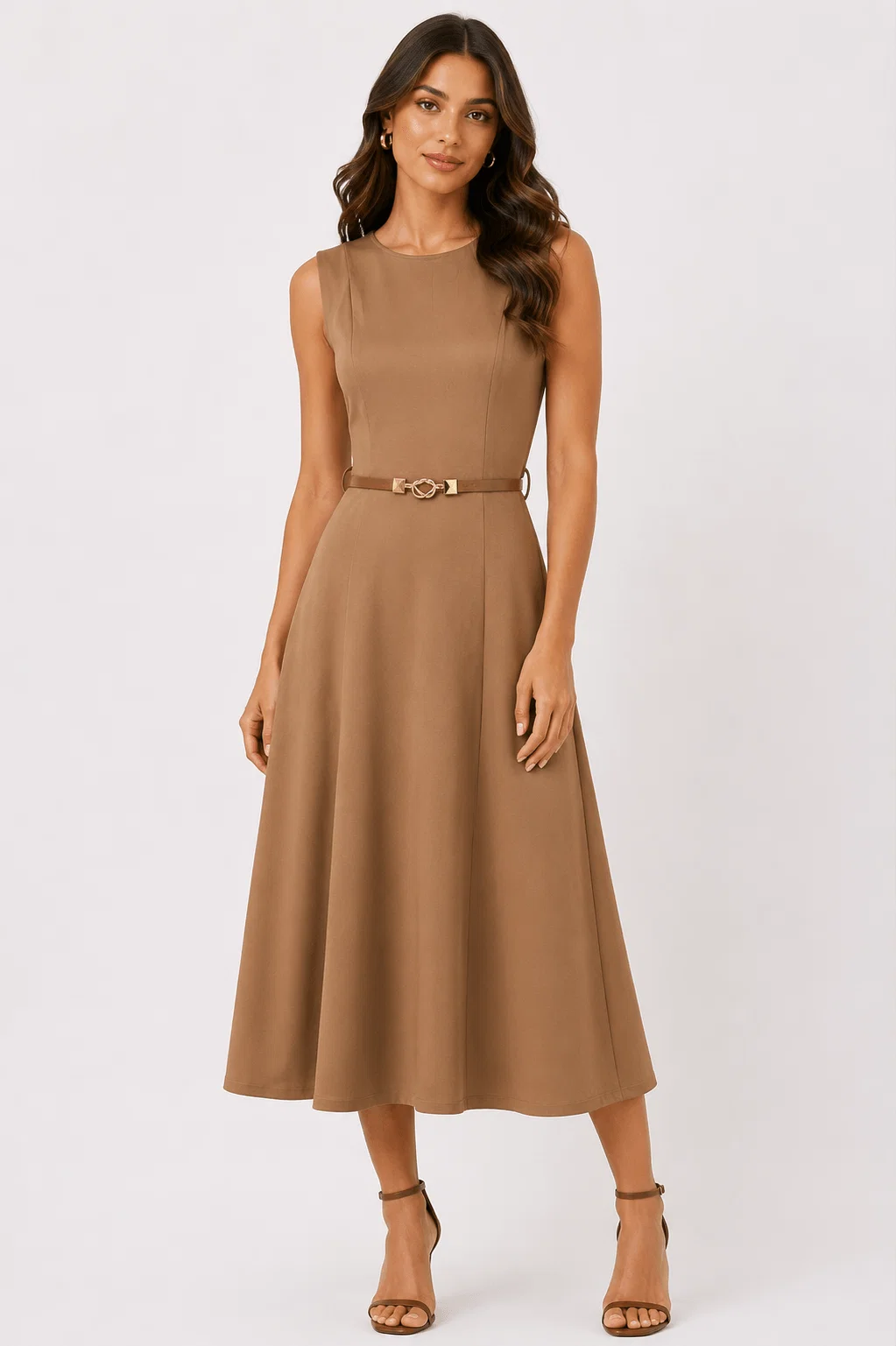 Vestido Midi Com Cinto - Bege