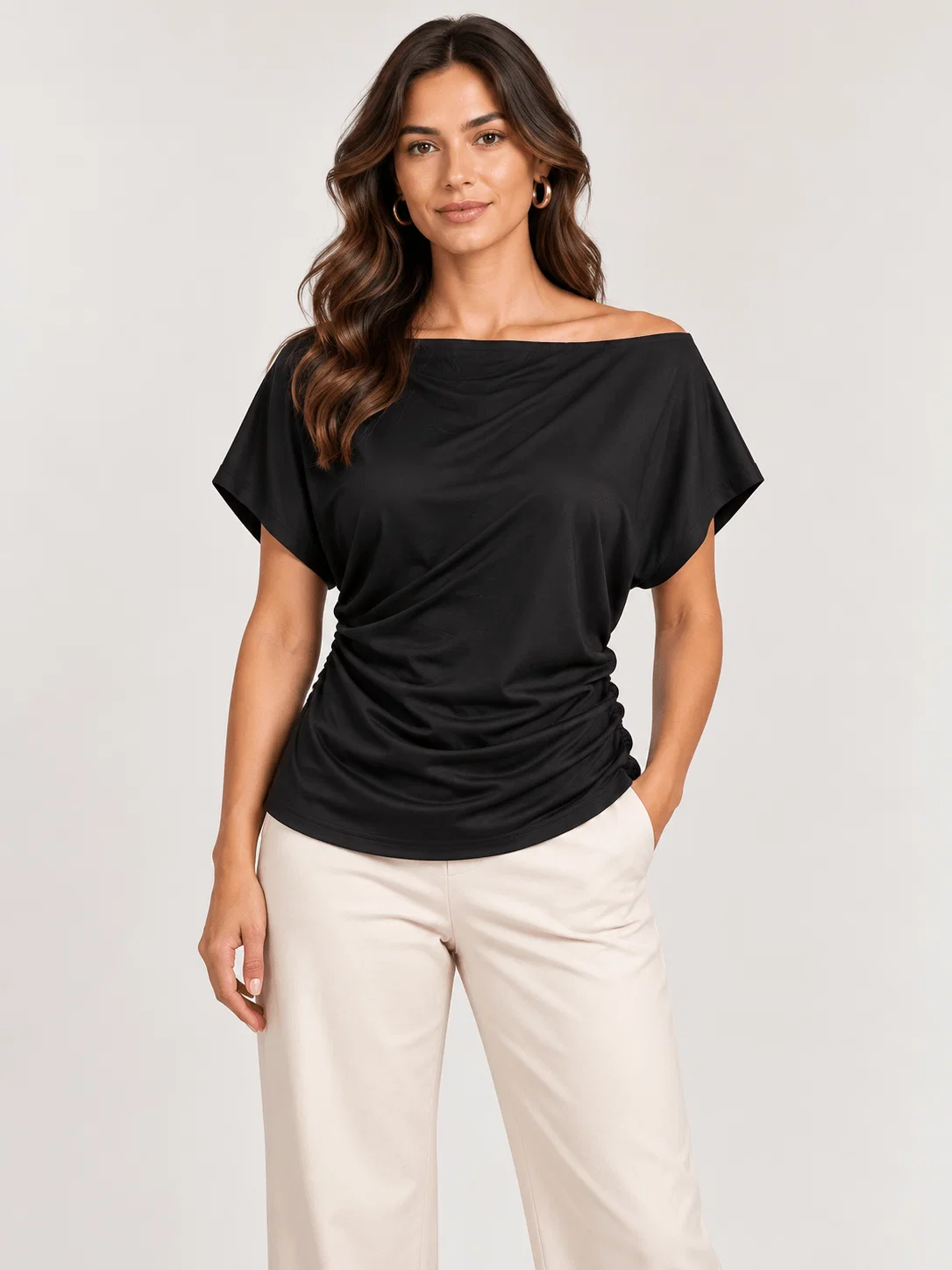 Blusa Decote Degagê Drapeado Lateral - Preto