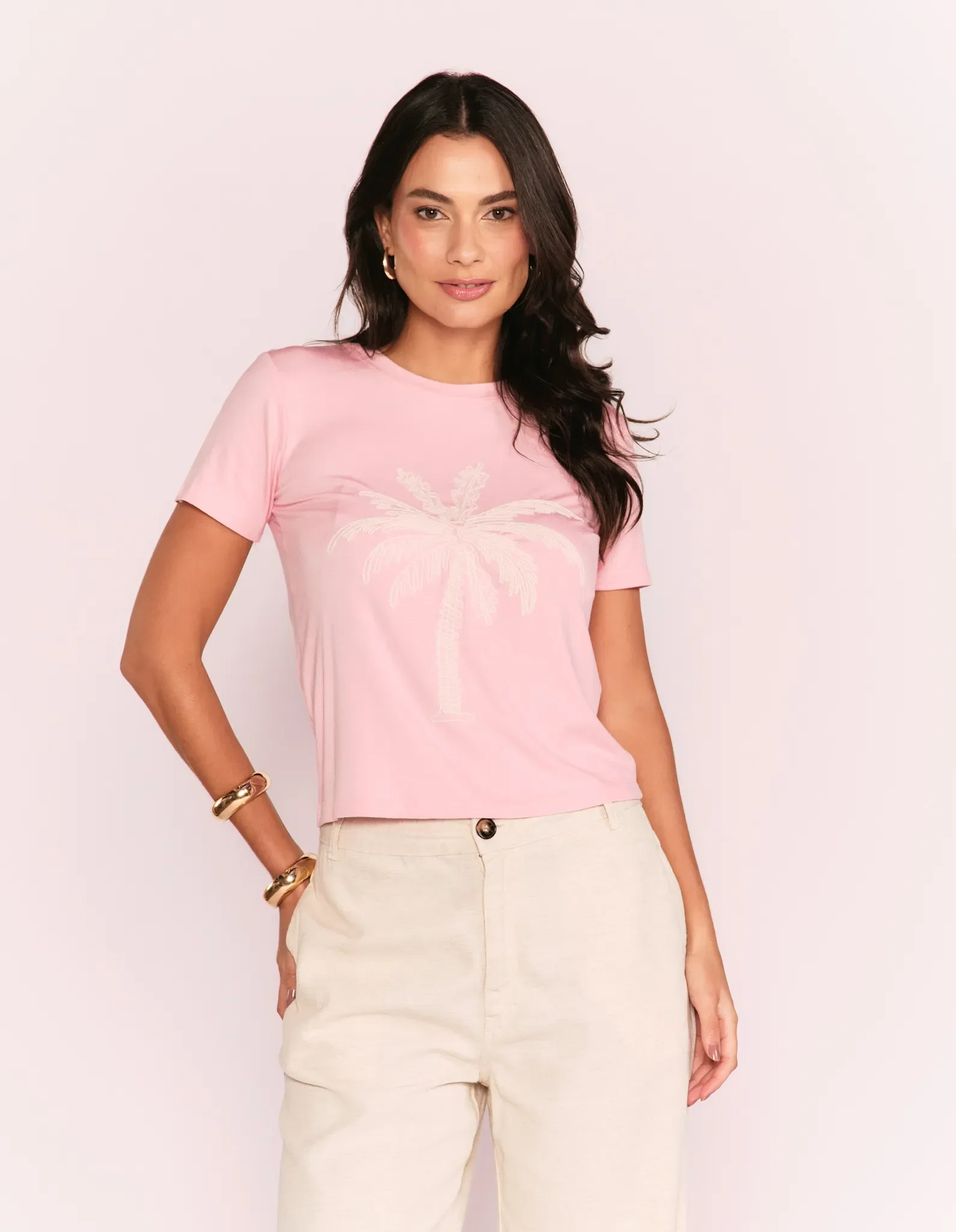 Blusa Manga Curta Bordado Coqueiro - Rosa — imagem 1