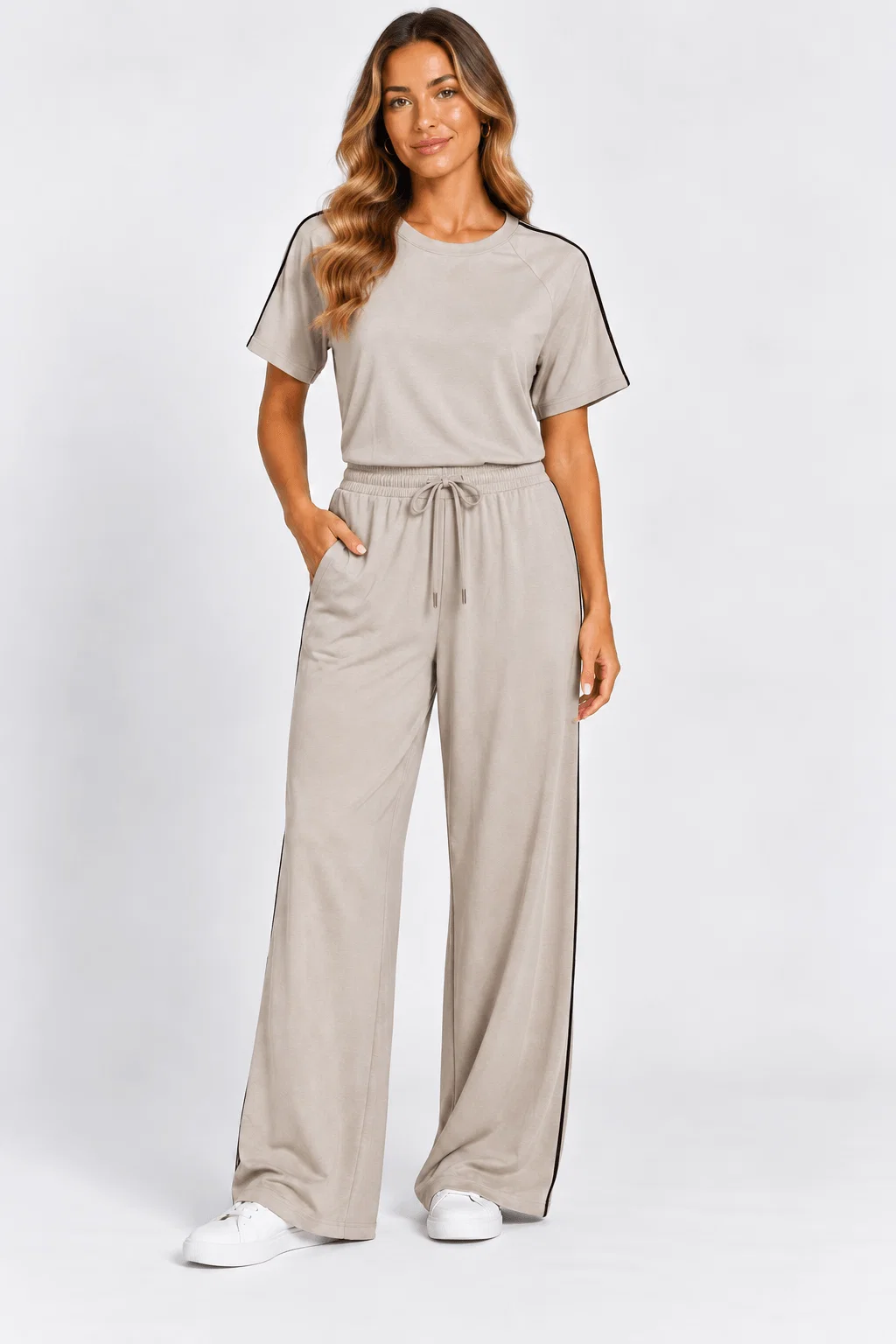 Calça Pantalona Detalhe Vivos - Areia — imagem 1