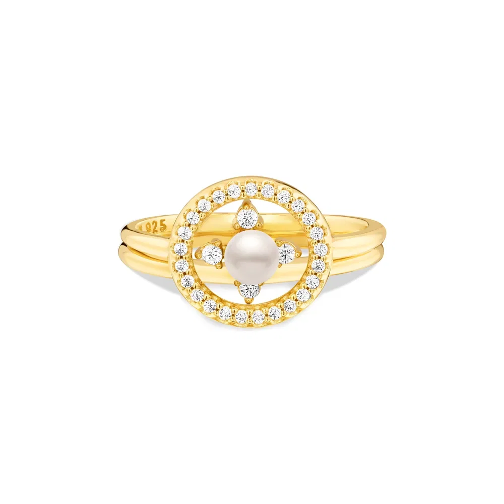 Anel Life You and Me II em Prata 925 com Banho de Ouro Amarelo 18k, Esfera Perolada e Pedras Incolores — imagem 1