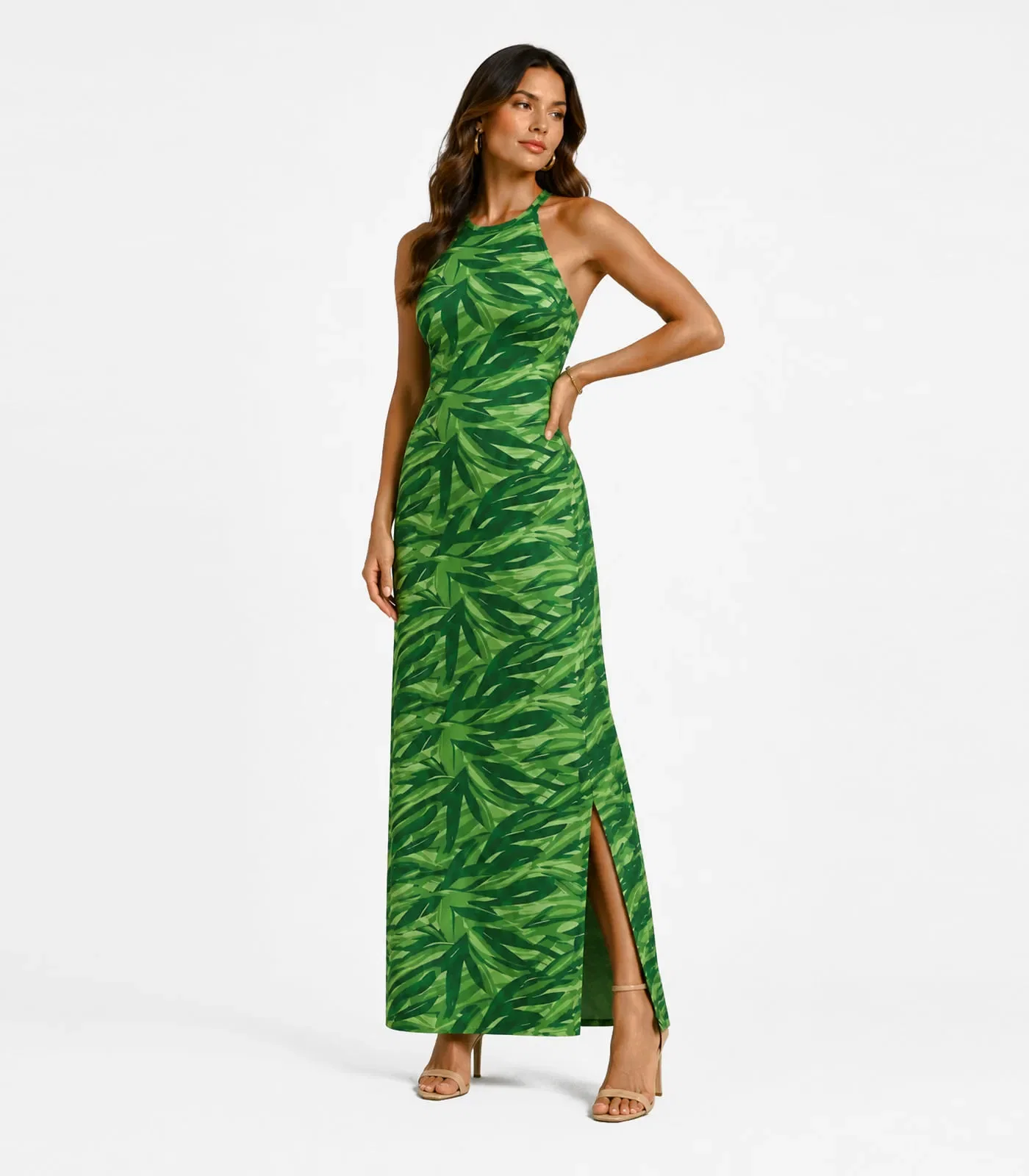 Vestido Longo Estampado Sem Manga Infinita Cor Verde