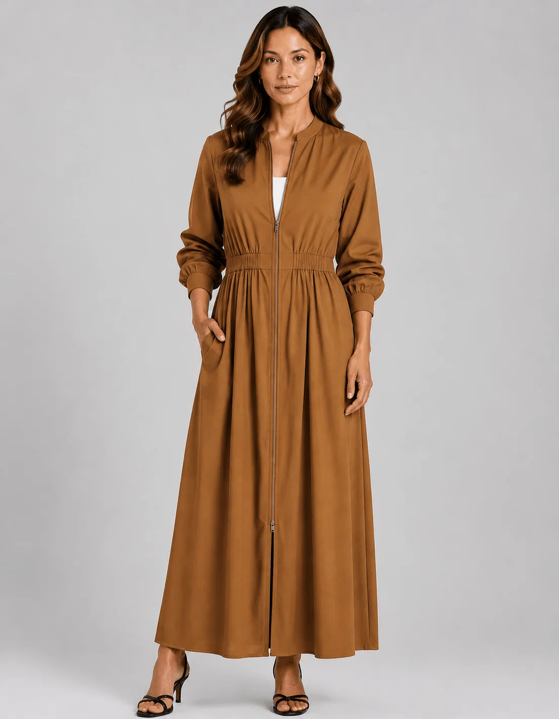 Vestido Longo Detalhe Ziper - Caramelo — imagem 1