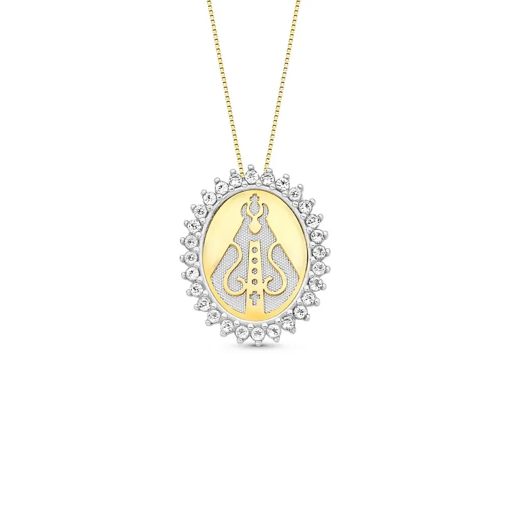 Pingente Medalha N.Sra. Aparecida em Prata 925 e Ouro Amarelo 18k com Topázios Incolores, 20mm — imagem 1