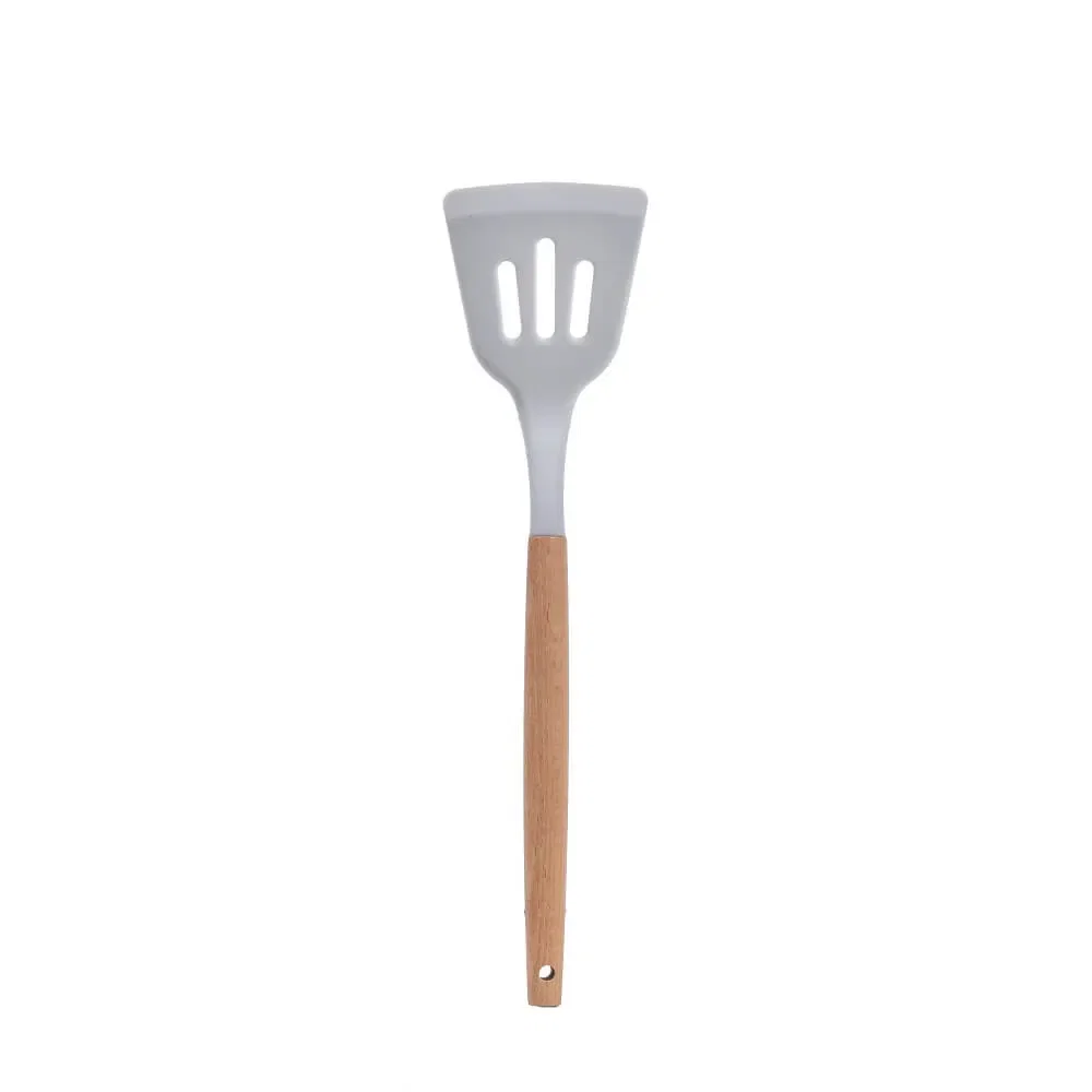 Espátula Vazada de Silicone com Cabo em Madeira 32cm Kenya Cinza — imagem 1