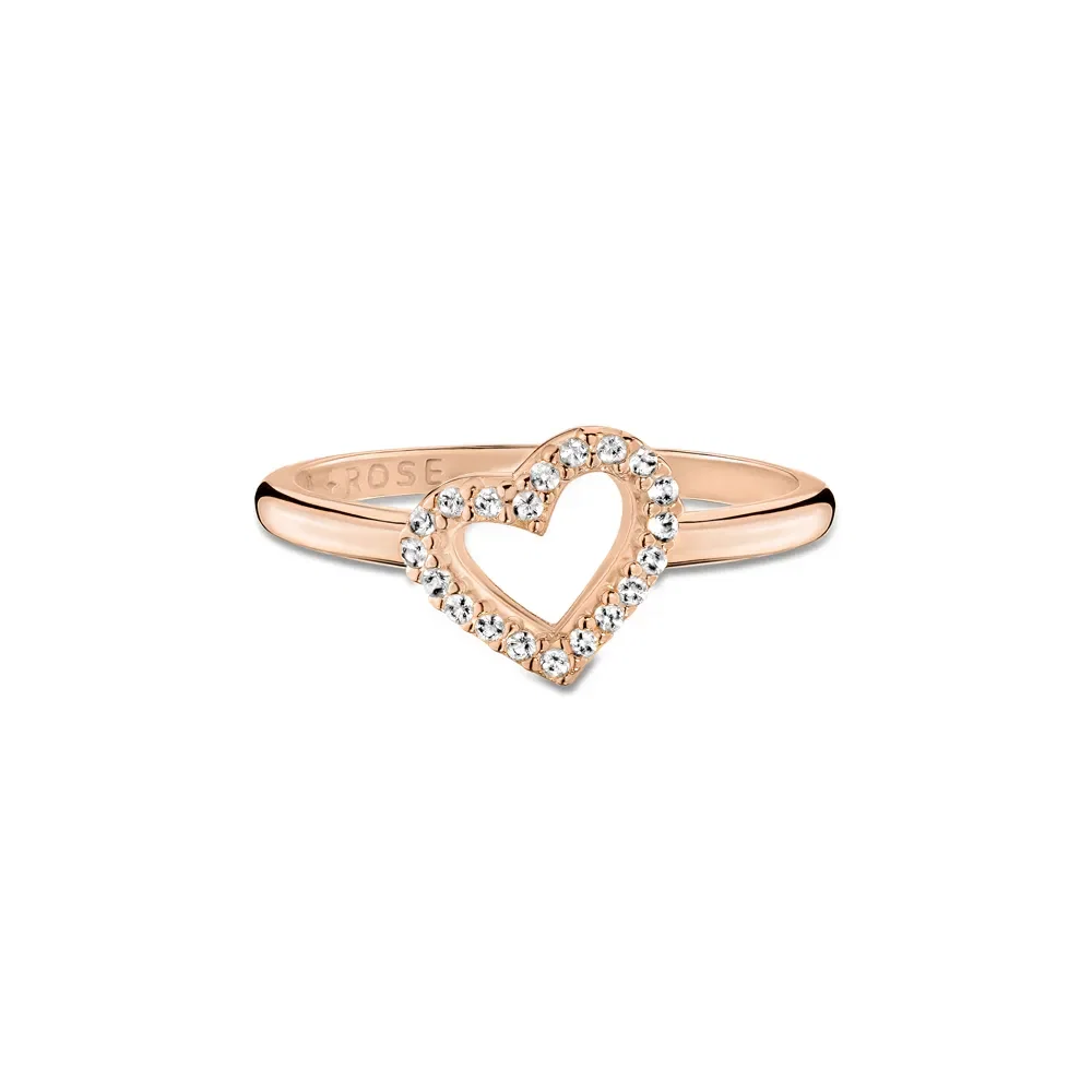 Anel Life Love Coração Vazado em Liga Rosé com Banho de Ouro Rosé 18k e Pedras Incolores