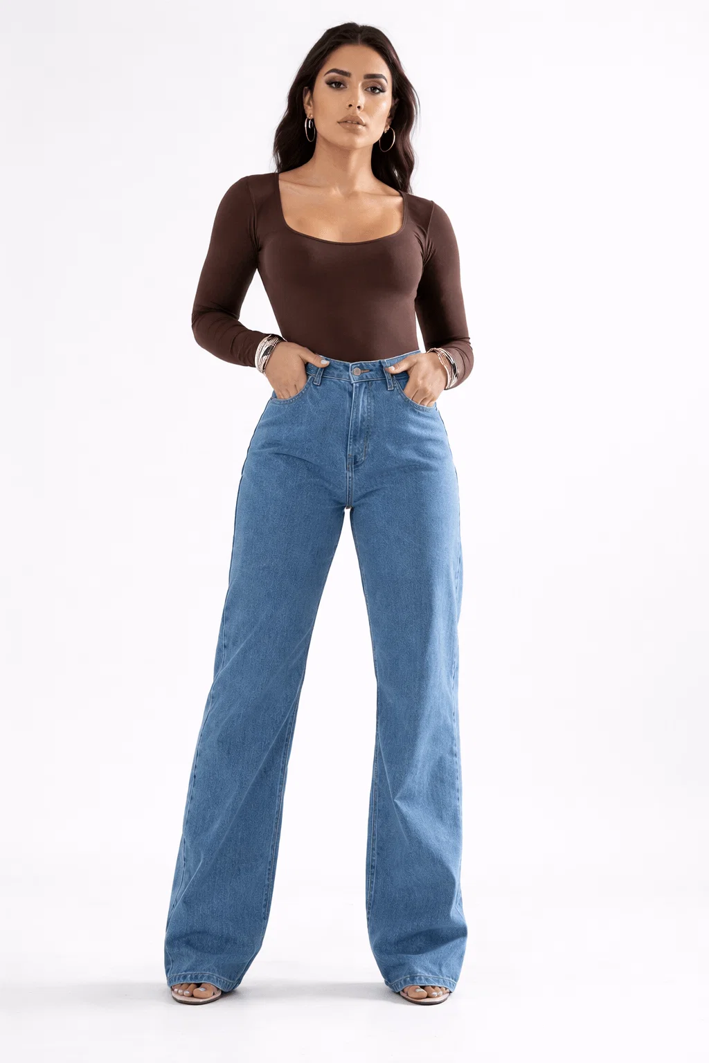 Calça Jeans Wide Leg Cintura Alta - Denim Medio