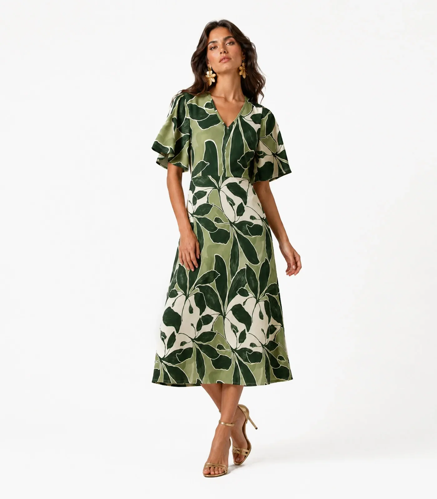 Vestido Decote V E Manga Ampla Godê Infinita Cor Verde
