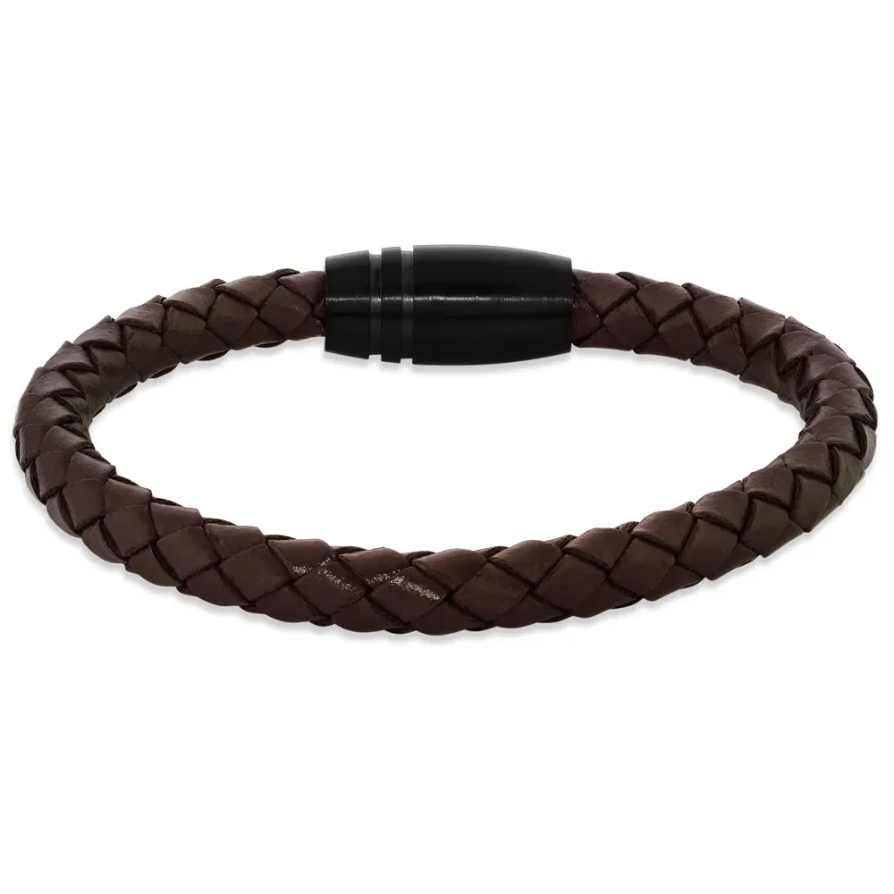 Pulseira Life Trançada em Couro Marrom com Aço
