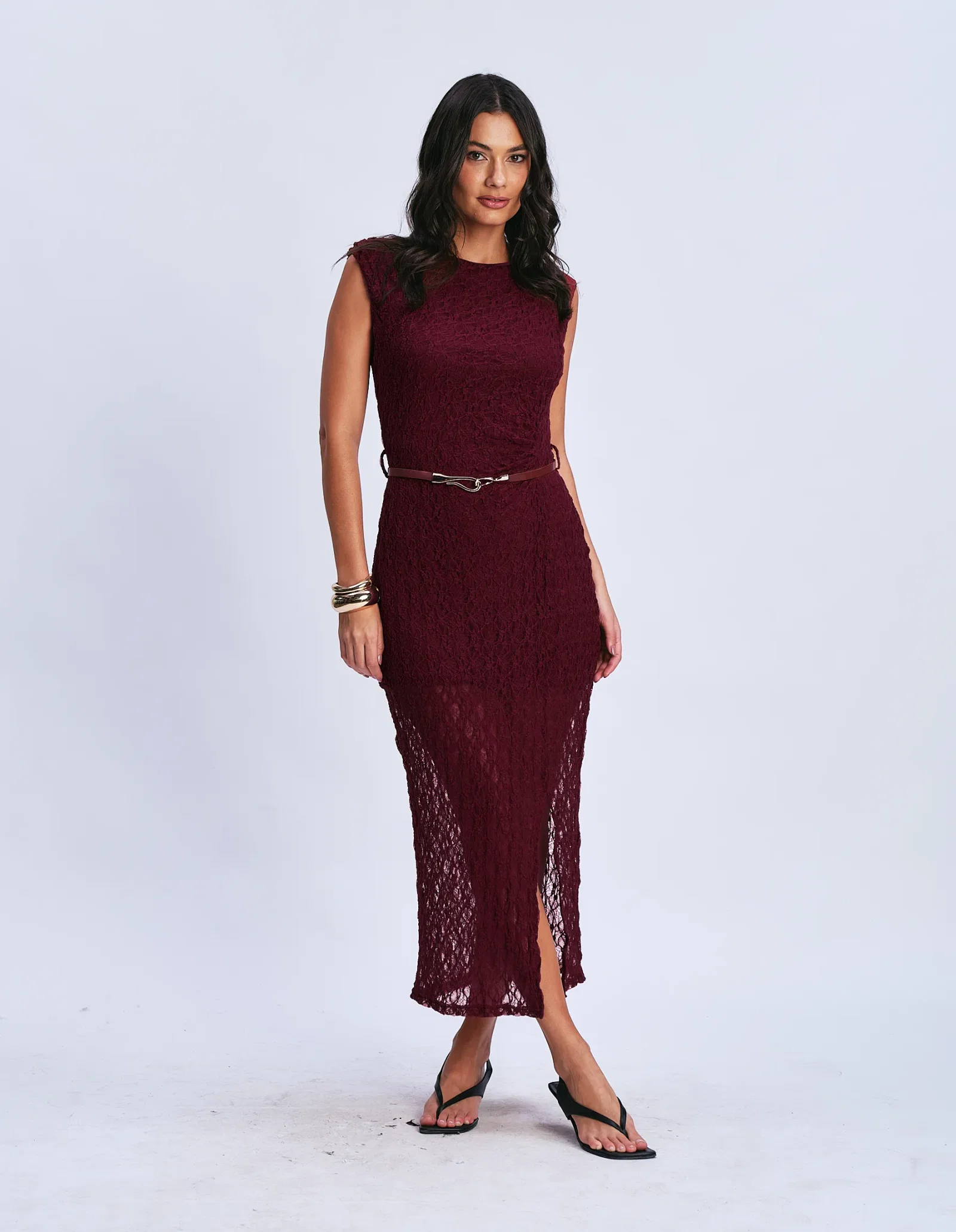 Vestido Midi Renda Com Cinto - Vinho — imagem 1