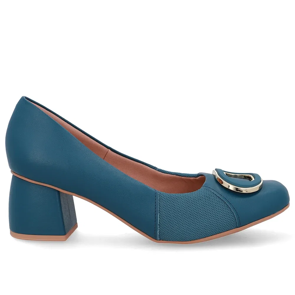 Scarpin Azul Bico Quadrado Couro Lateral Tecido — imagem 1