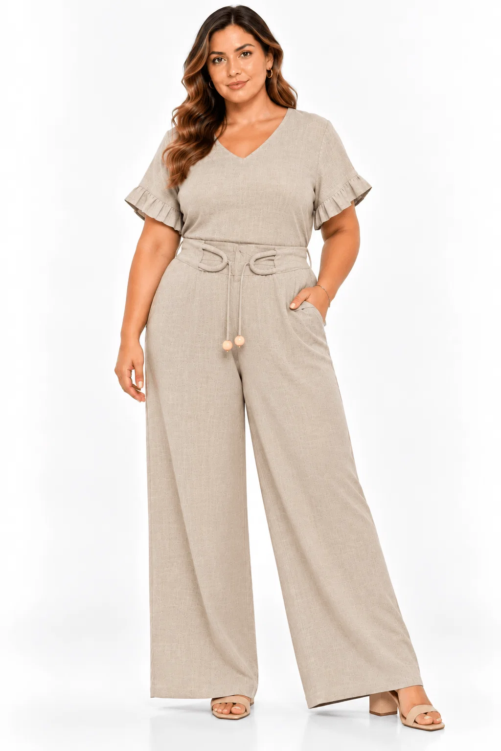 Calça Pantalona Detalhe Cós Corda - Areia — imagem 1
