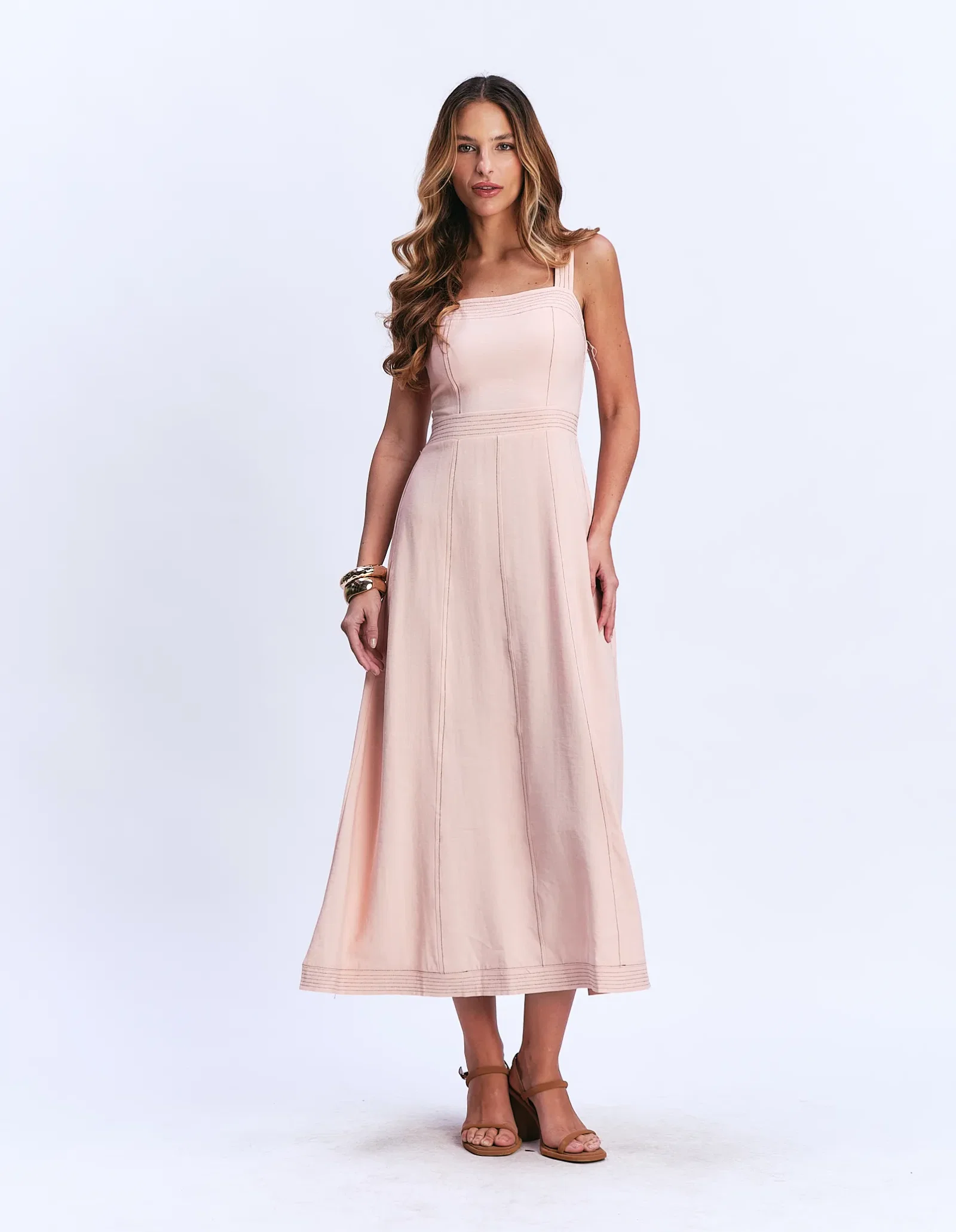 Vestido Midi Pesponto Contrastante - Rose