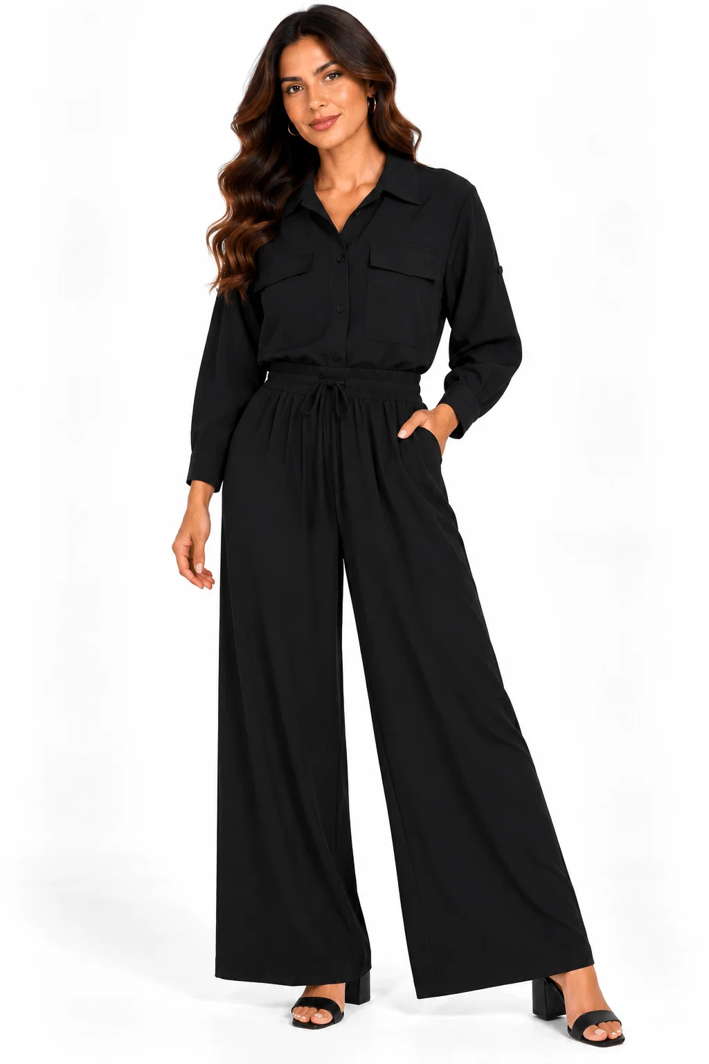 Calça Pantalona Bolsos Laterais - Preto — imagem 1