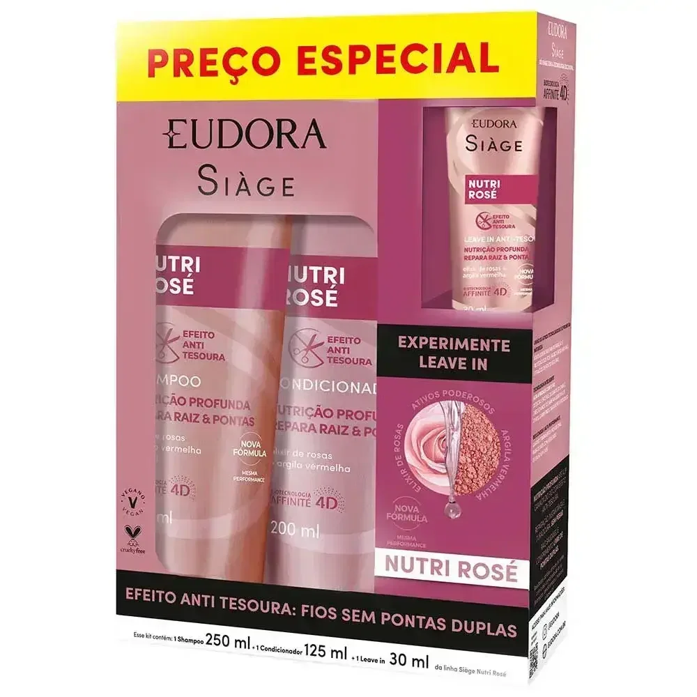 Kit Shampoo 250ml + Condicionador 125ml + Leave-in 30ml Eudora Siàge Nutri Rosé
