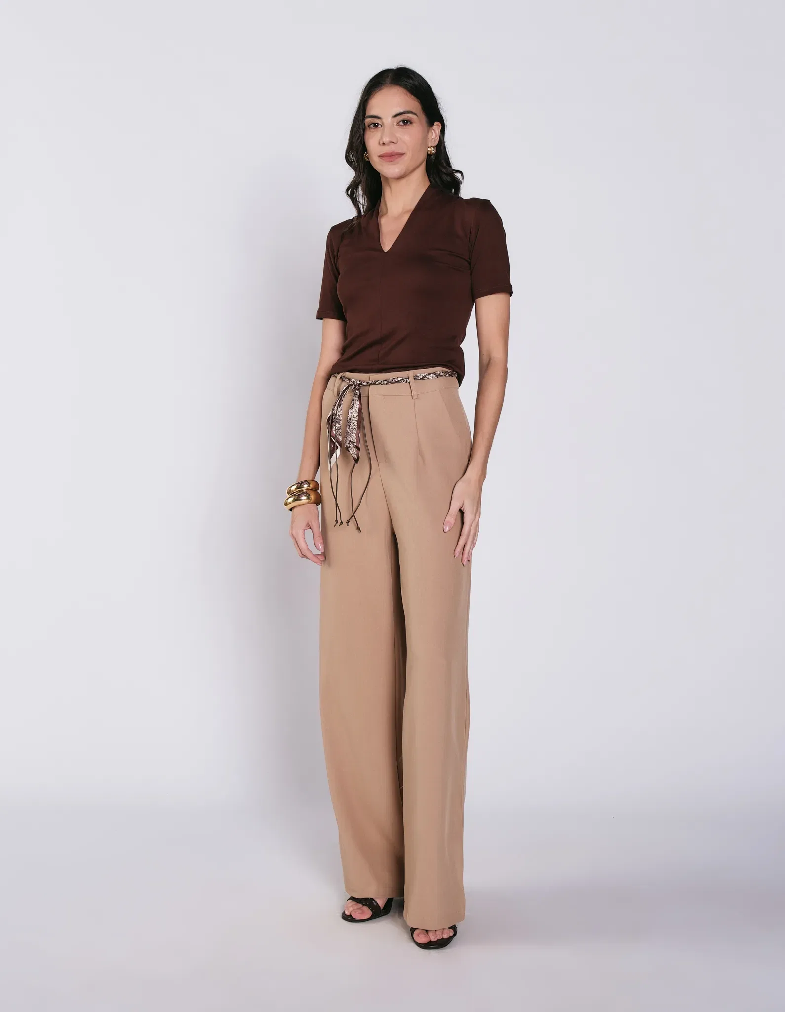 Calça Pantalona Detalhe Lenço - Bege