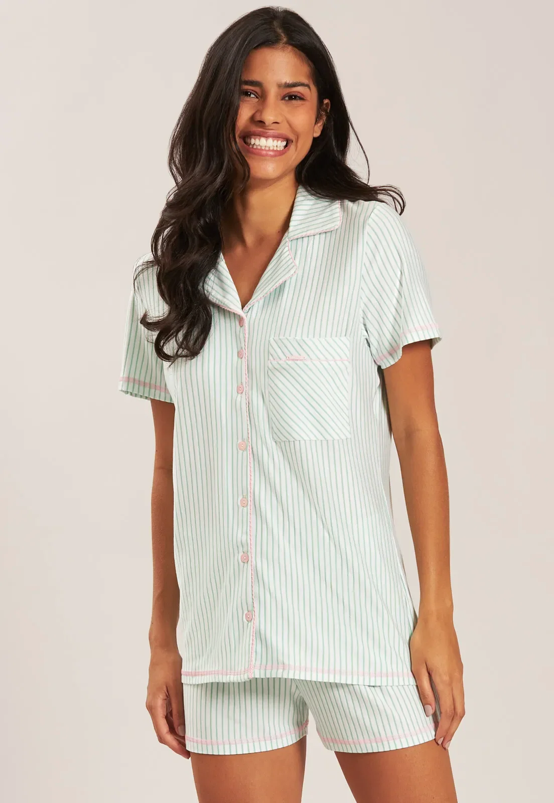 Pijama Aberto Curto de Viscose Listrada Baunilha