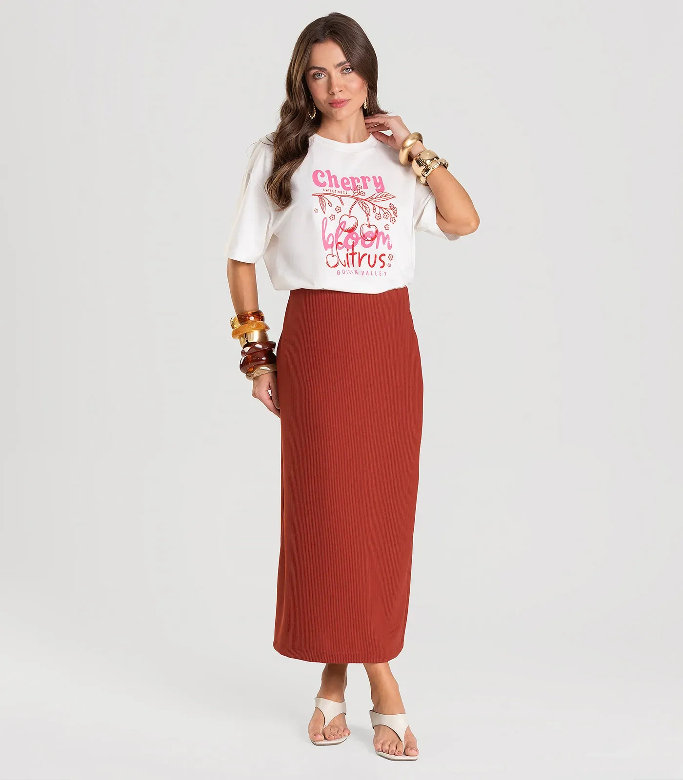 Saia Feminina Midi Dianna Marrom
