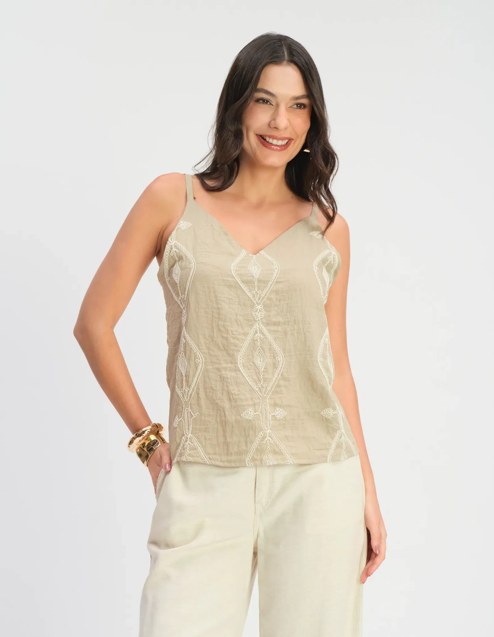 Blusa Alça Bordada Losangos - Caqui — imagem 1