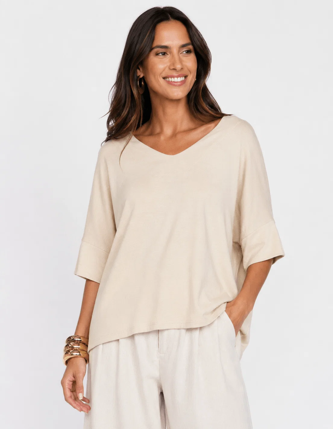 Blusa Manga Curta Decote v - Areia — imagem 1