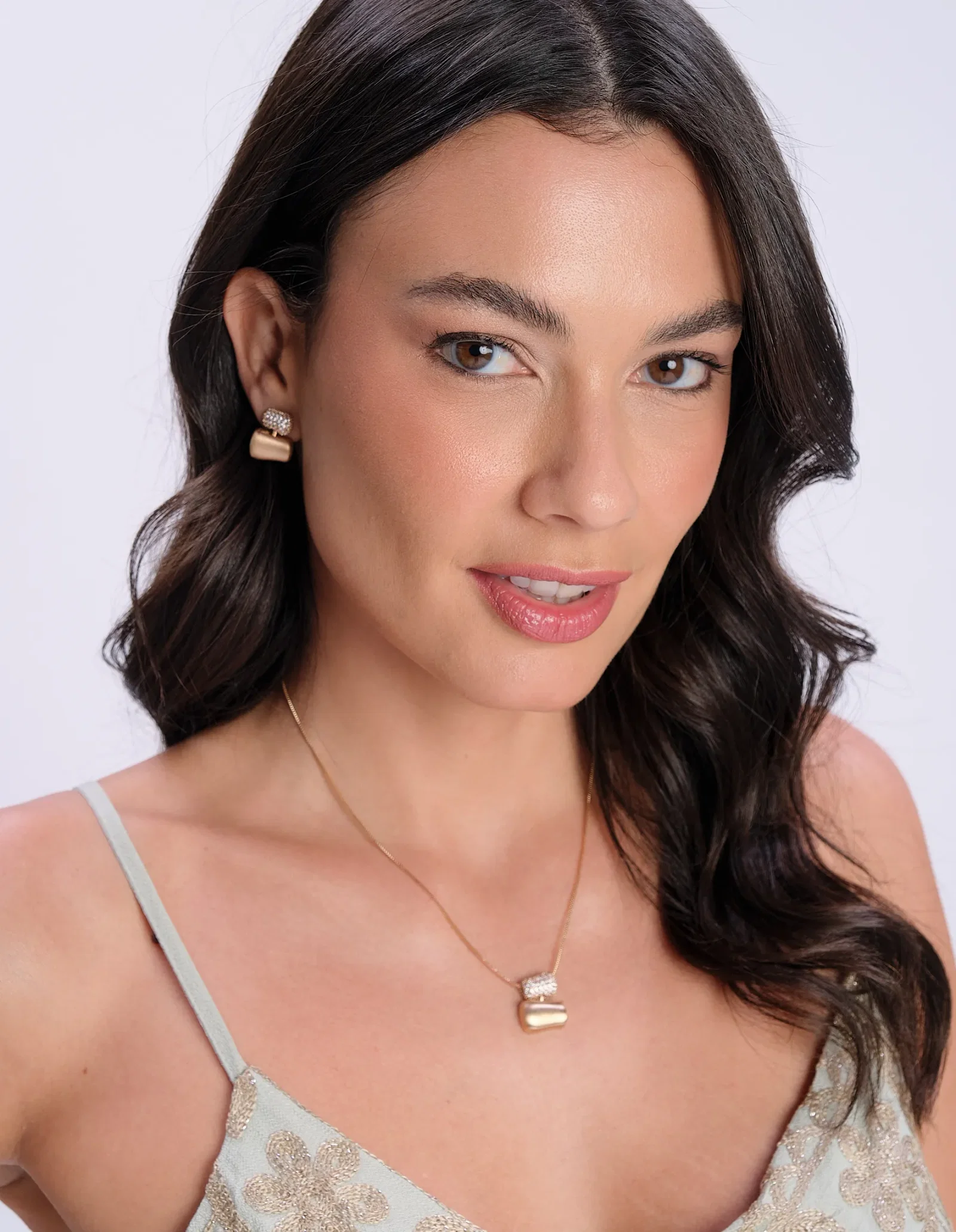 Kit Brinco e Colar Pingente Strass - Dourado