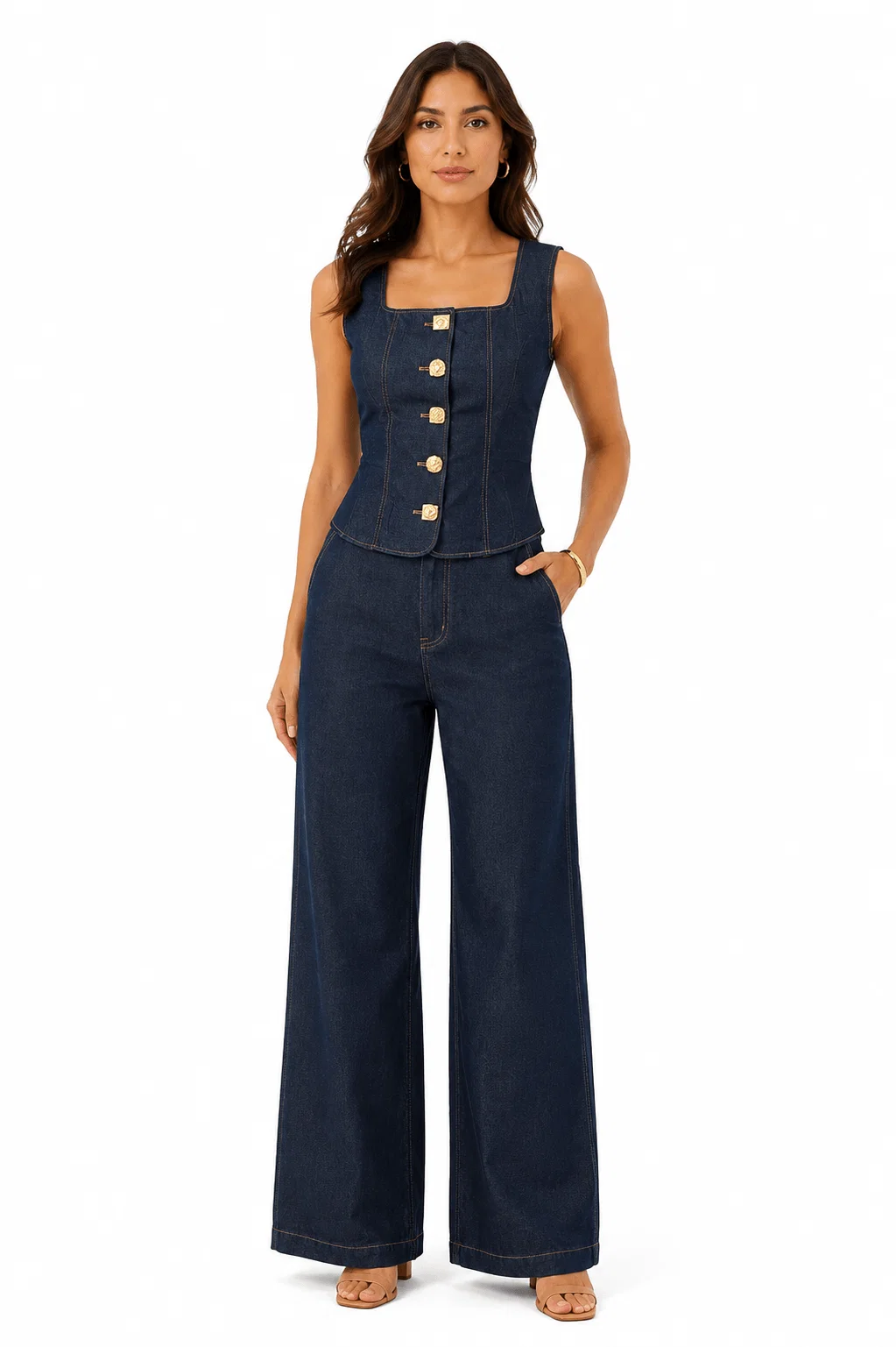 Colete Detalhe Botões Frontal - Denim Medio — imagem 1