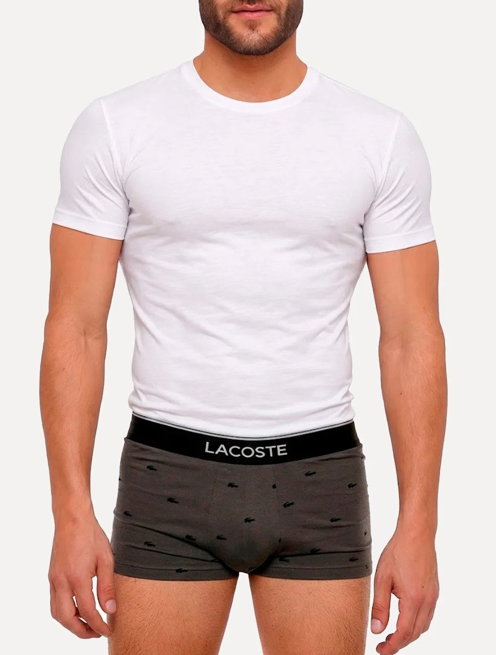 Cueca Lacoste Masculina Trunk Boxer Jersey Croco Print Branca Preta Cinza Pack 3UN