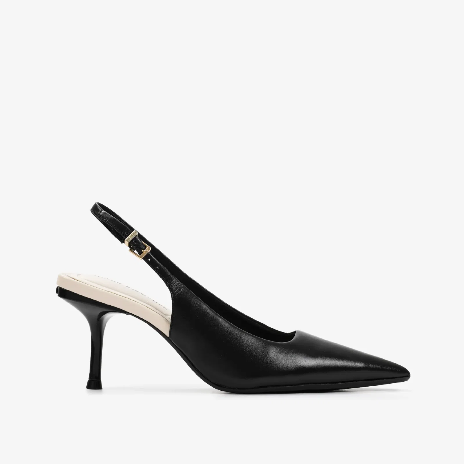 Slingback Salto Fino Preto Branco Couro — imagem 1