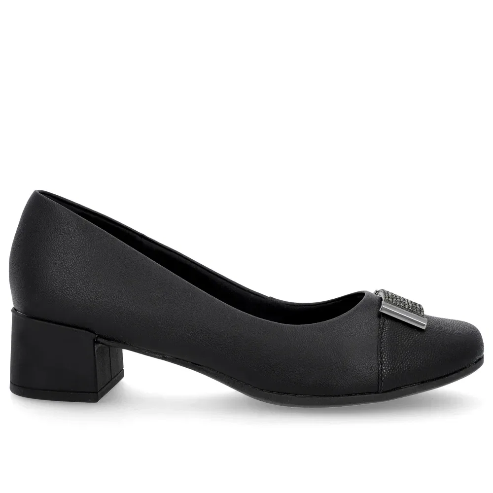 Scarpin Preto Couro Bico Quadrado Enfeite — imagem 1