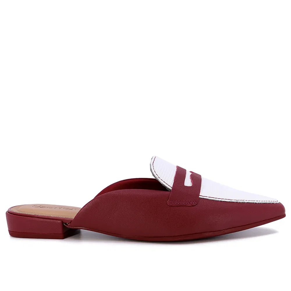 Mule Vermelho Branco Bico Fino Couro — imagem 1