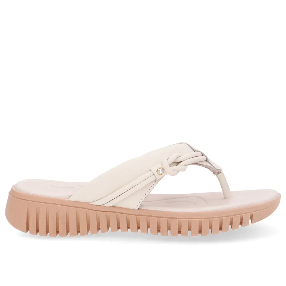 Chinelo Branco Marfim Couro Tira Enfeite