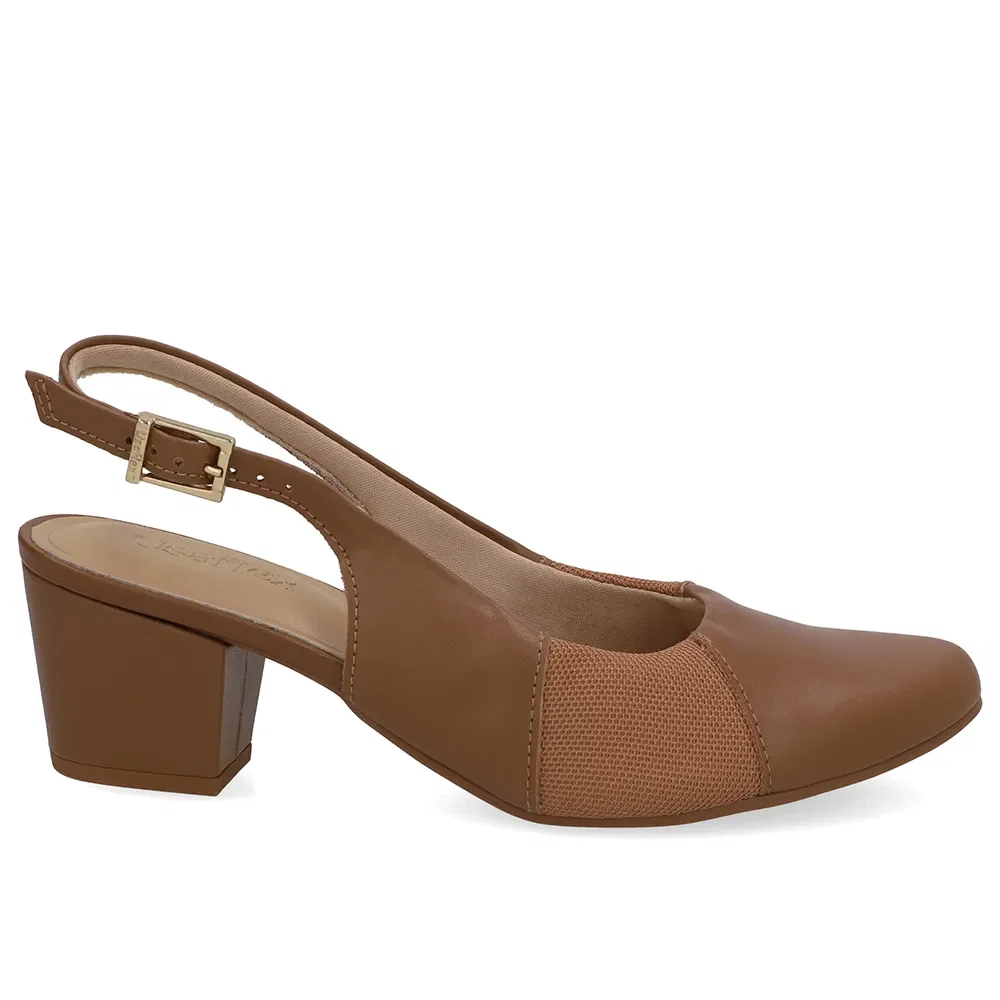 Slingback Couro Marrom Canela Salto Bloco Lateral Tecido — imagem 1