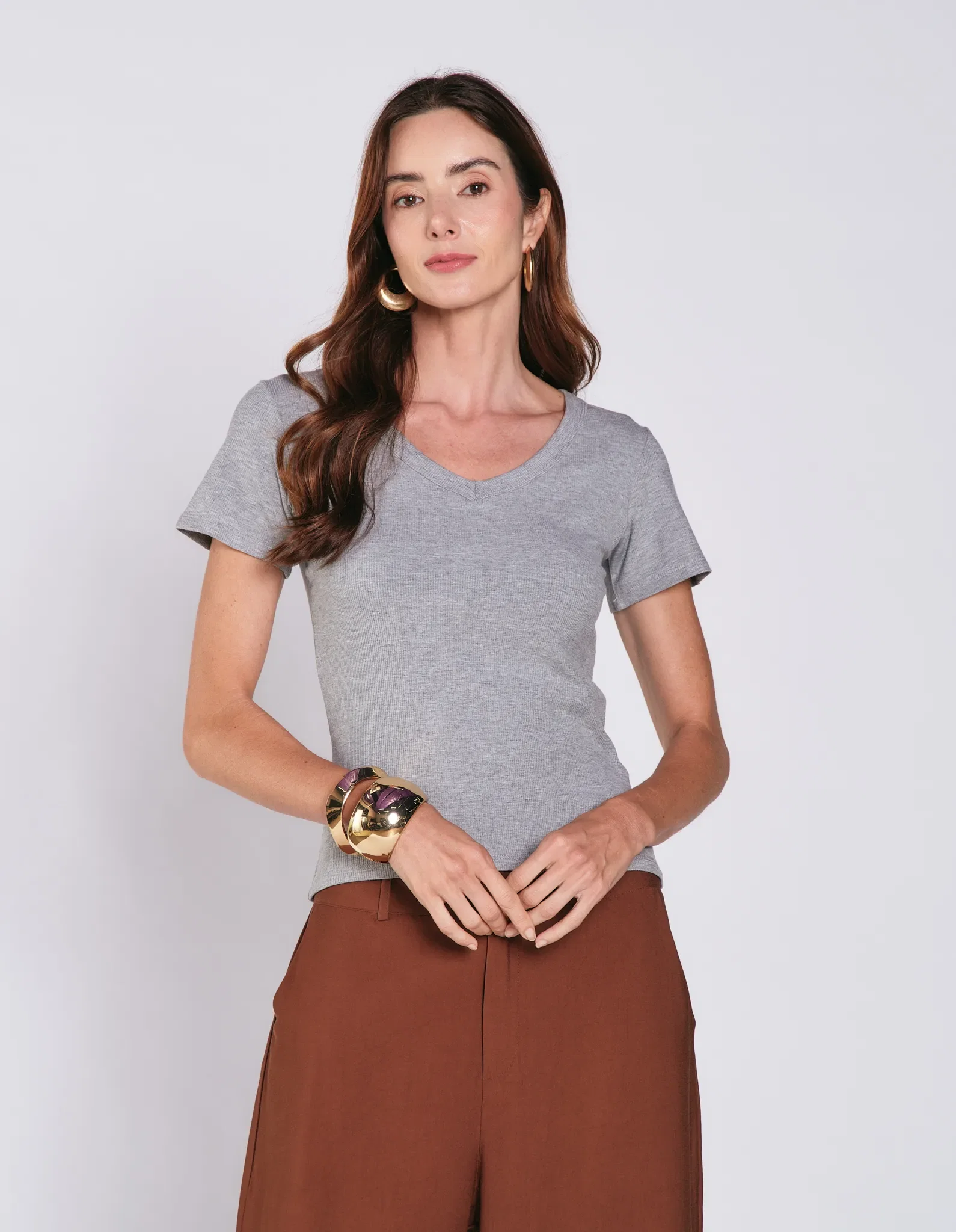 Blusa Manga Curta Decote v - Cinza