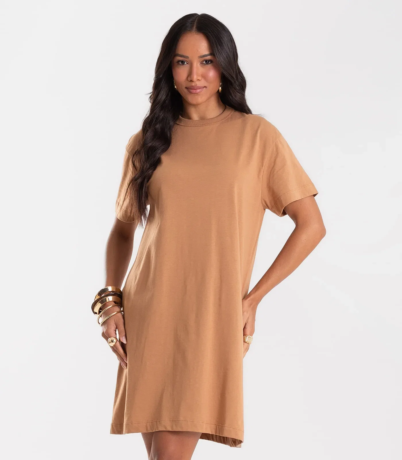 Vestido Básico T-Shirt Feminino Rovitex Marrom