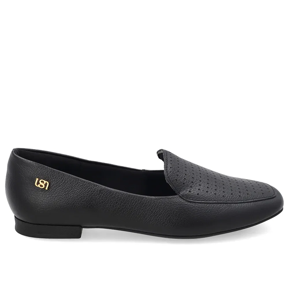 Loafer Em Couro Preto Bico Quadrado Com Laser