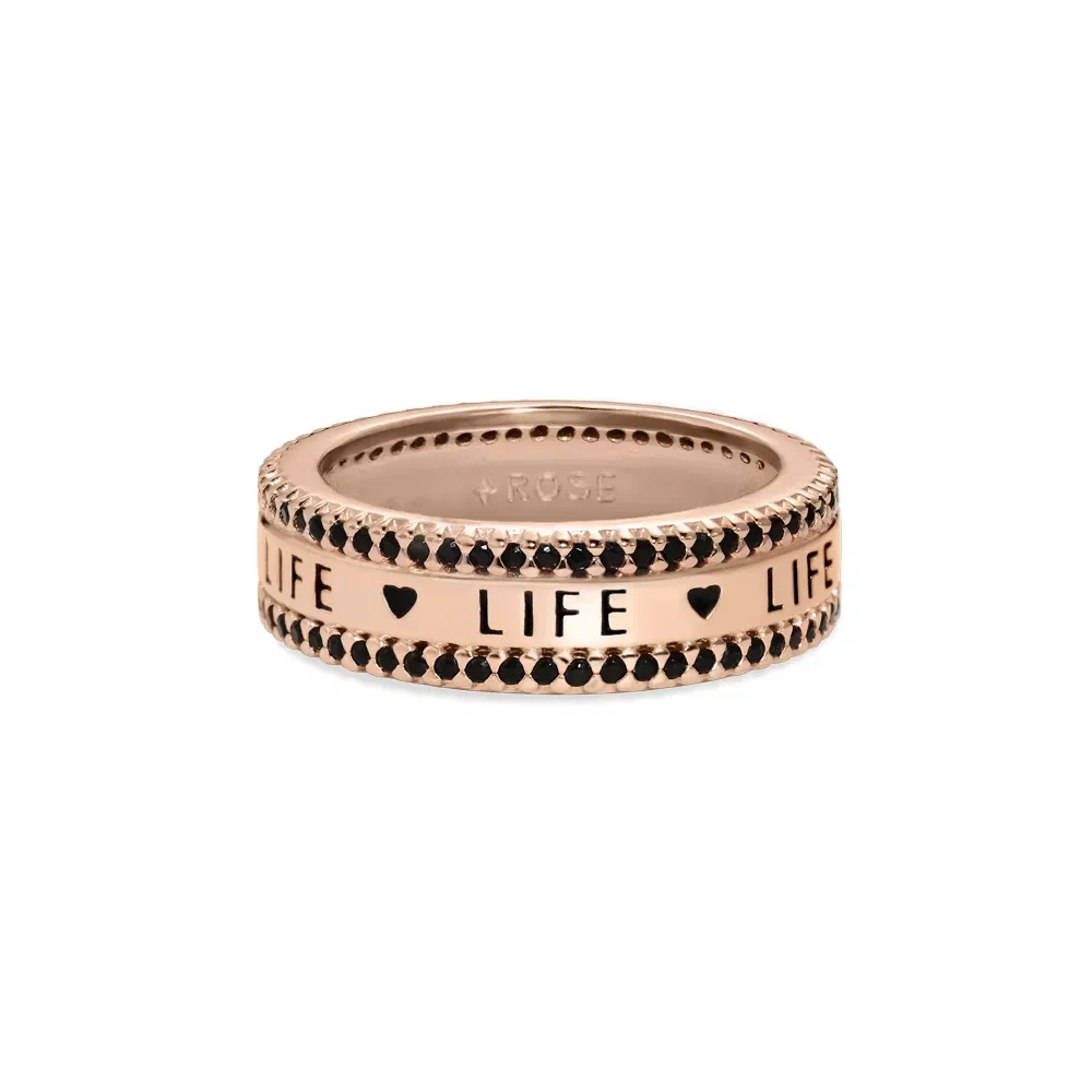 Anel Lifemania Triplo em Liga Rosé com Banho de Ouro Rosé 18k e Pedras Pretas — imagem 1