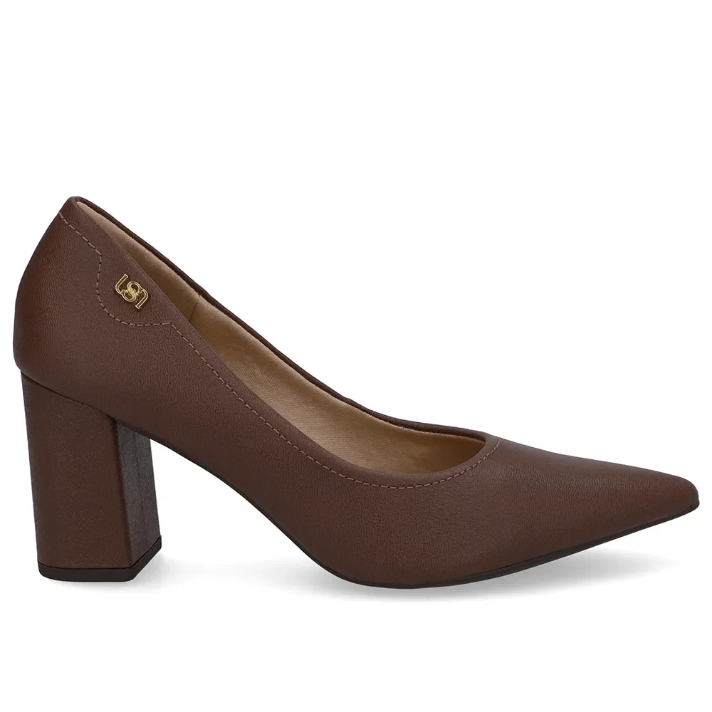 Scarpin Marrom Salto Bloco Couro Bico Fino — imagem 1