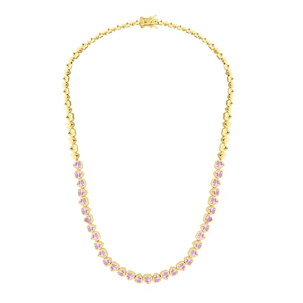 Colar Life Cora Corações em Prata 925 com Banho de Ouro Amarelo 18k e Pedras Rosas, 40cm