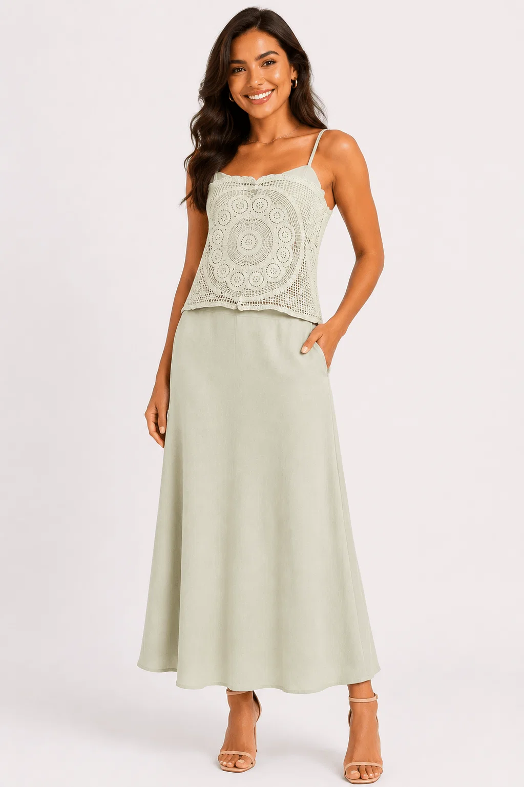 Conjunto Blusa Crochet e Saia - Verde